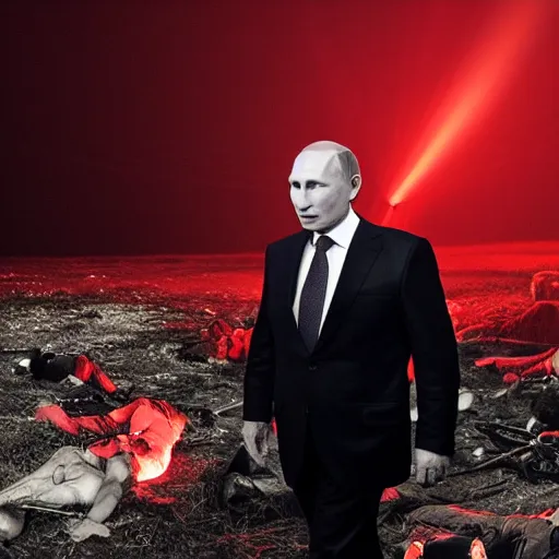 Prompt: putin with face lit by red glow at midnight, atmospheric epic award winning photo with volumetric cinematic lighting. huge pile of dead bodies in the background