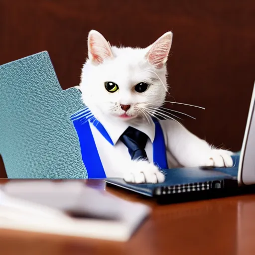 Prompt: a photo of a cat wearing a shirt and tie, sitting at a white desk with a book and a laptop on it