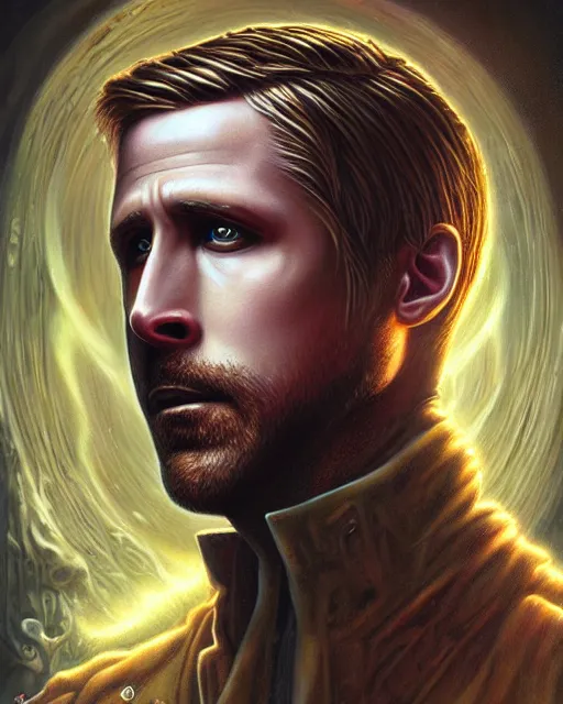 Image similar to lovecraft biopunk portrait of ryan gosling by tomasz alen kopera and peter mohrbacher.