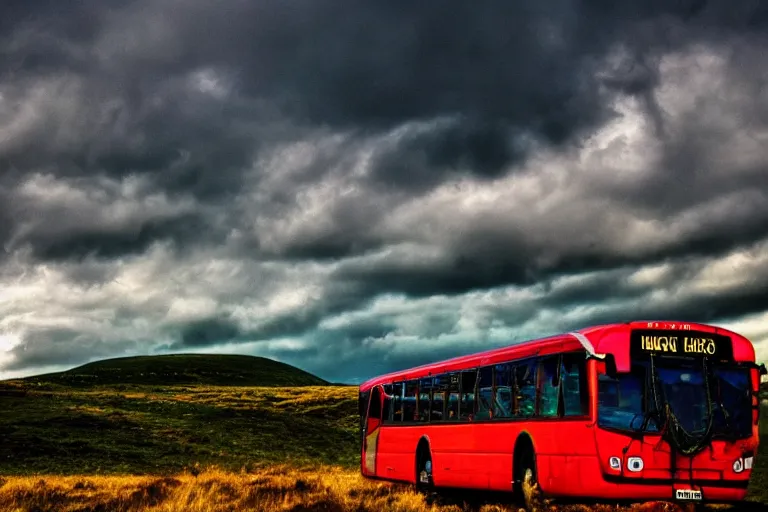 Image similar to A stunning landscape image of Hegra, bus ,dramatic lighting, emerald sky,