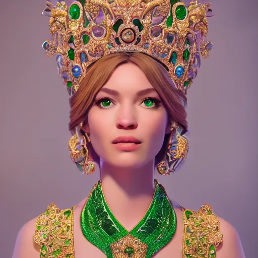 Prompt: portrait of wonderful princess of emeralds with fair skin, ornate, 8 k, gorgeous, intricate, detailed, accent lighting, ethereal lighting, hyper realism, octane render