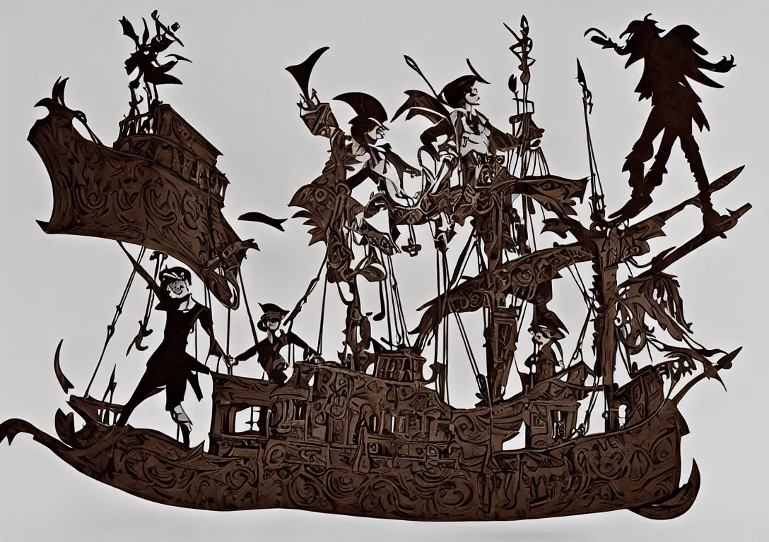 Image similar to a stylized cut paper sculpture of peter pan and captain hook on a pirate ship