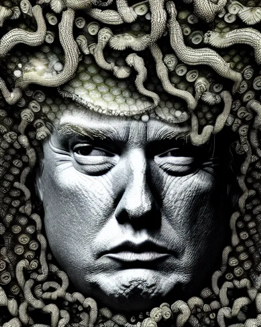 Image similar to surreal mythical dreamy underwater artistic bw photo of donald trump - medusa - cyborg covered with fish scales and algae, highly detailed, intricate crystal ivy jelly fish scales ornate, poetic, octane render, 8 k, photo - realistic, in the style of gustave dore and preraphaelites