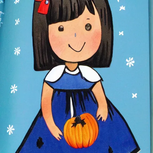 Image similar to children's book illustration of little girl black hair cut in a bob with bangs wearing a blue dress with jingle bells sewn all over at a halloween costume contest