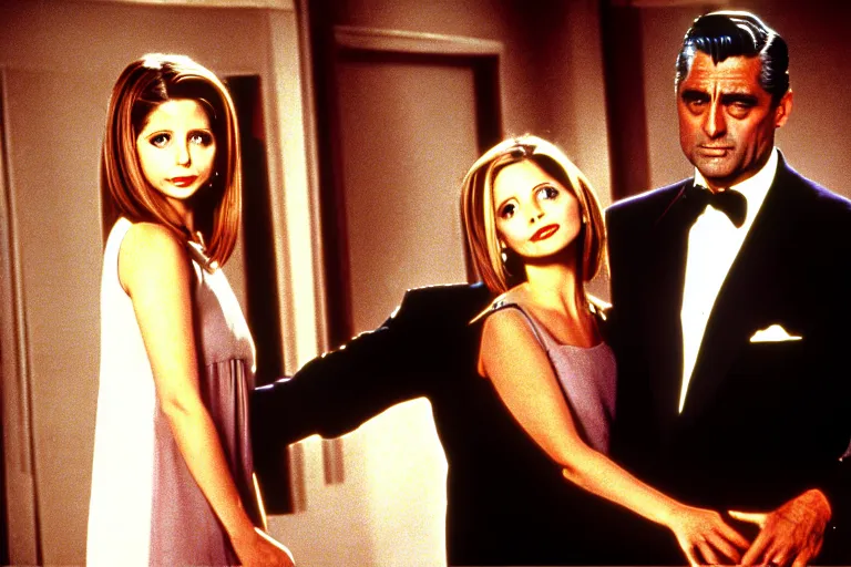 Image similar to cary grant as giles in buffy the vampire slayer, along side sarah michelle gellar 1 9 9 8