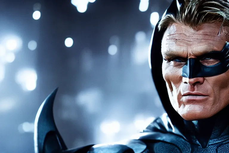 Image similar to film still of Dolph Lundgren as Batman in The Batman, 4k