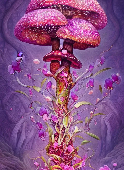 Image similar to extremely psychedelic organic shman made of orchid and cherry blossom tree and mushroom, diffuse lighting, fantasy, intricate, elegant, highly detailed, lifelike, photorealistic, digital painting, artstation, illustration, concept art, smooth, sharp focus, art by John Collier and Albert Aublet and Krenz Cushart and Artem Demura and Alphonse Mucha