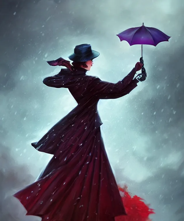 Prompt: demonic evil mary poppins with her umbrella by charlie bowater and artgerm, full body portrait, intricate, face, cavern, elegant, beautiful, highly detailed, dramatic lighting, sharp focus, trending on artstation, artstationhd, artstationhq, unreal engine, 4 k, 8 k