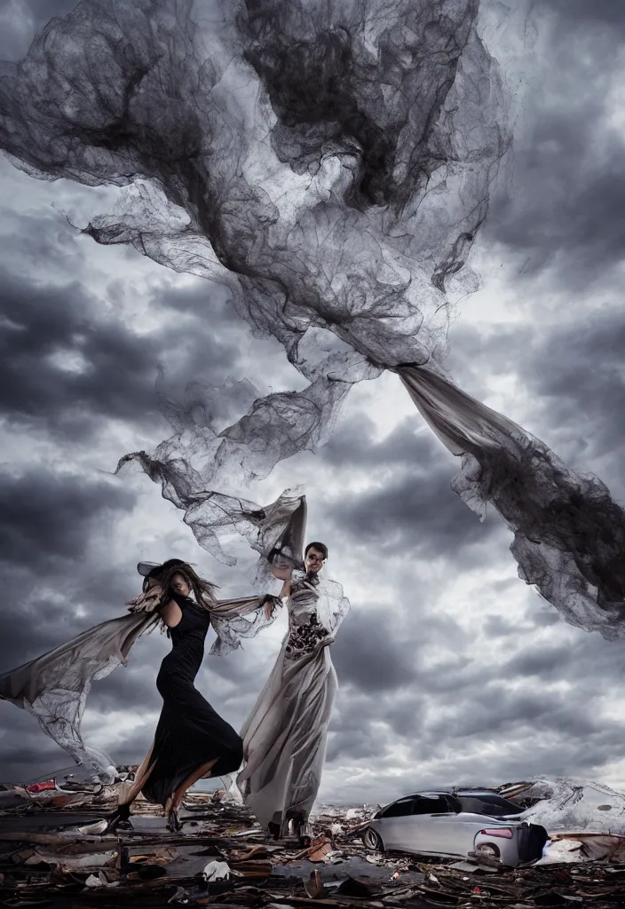 Image similar to fashion editorial in a tornado. wide angle shot. highly detailed.