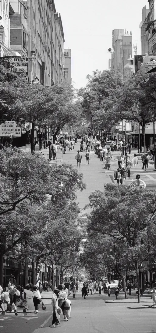 Image similar to a 1 9 8 0 s bustling city street with pedestrians and trees