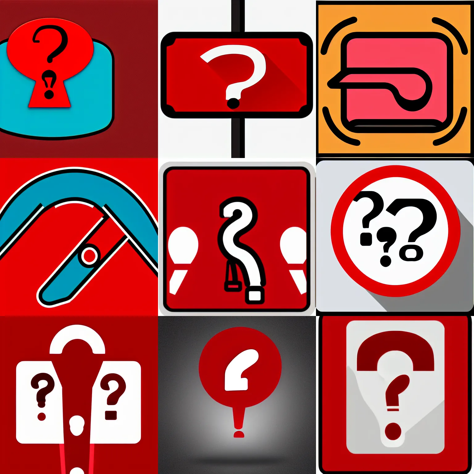 Prompt: a clip art icon of a red question sign