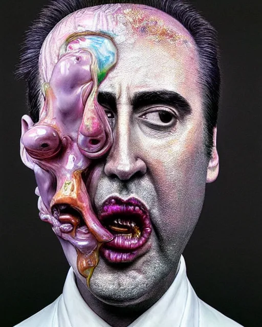 Prompt: a massive porcelain sculpture in the astral realm of nicholas cage's face spewing brass instruments from his mouth, in the style of johnson tsang, funny sculpture, lucid dream series, oil on canvas, francis bacon