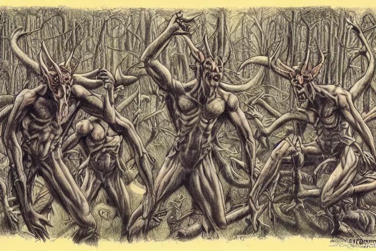 Image similar to multi headed demon in a forest in the style of wayne barlowe