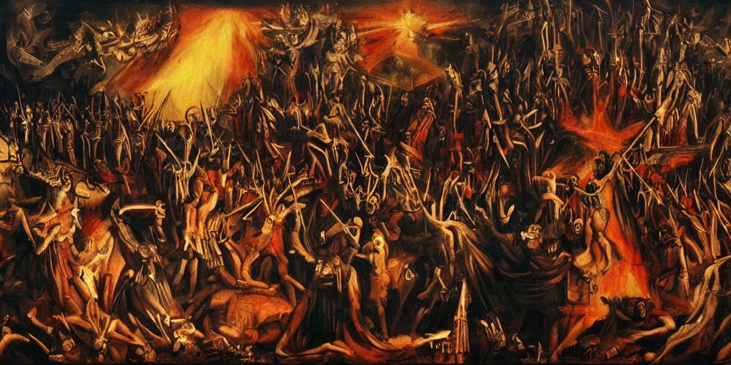 Image similar to dante's inferno painting, with biden trump obama united states of america, illuminati symbol, flag, crows, skeletons, crosses, jesus, dark beauty, rotten gold, perfect faces, extremely detailed, cinema 4 d, unreal engine.