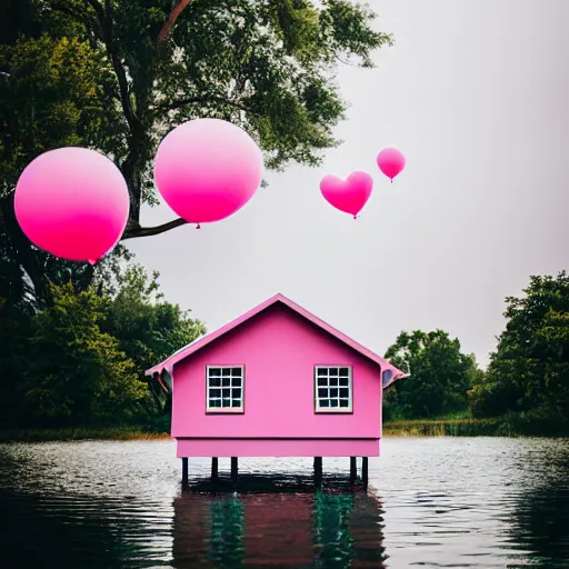 Image similar to a 5 0 mm lens photograph of a cute pink floating modern house, floating in the air between clouds, inspired by the movie up, held up from above by heart ballons. mist, playful composition canon, nikon, award winning, photo of the year