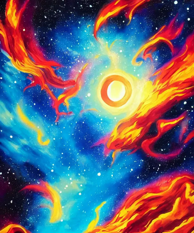 Prompt: blackhole sun, space, professional painting, bright colors, phoenix flames, nebula clouds
