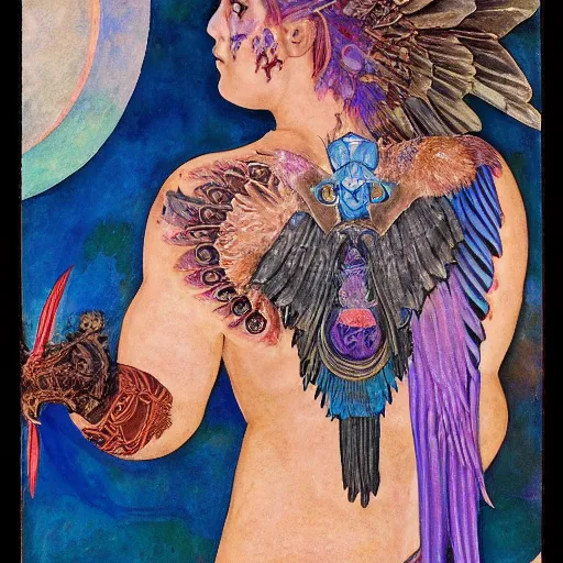 Prompt: the raven god-king, by Annie Swynnerton and Nicholas Roerich and Diego Rivera, bioluminescent skin, tattoos, wings made out of flowers, elaborate costume, geometric ornament, symbolist, cool colors like blue and green and violet, smooth, sharp focus, extremely detailed