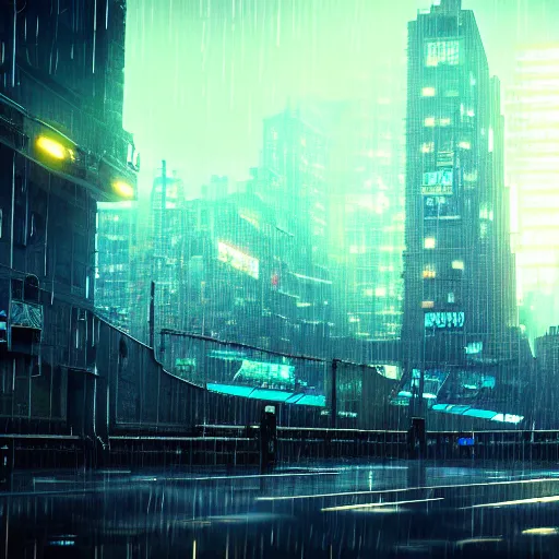 Image similar to 8 k artstation photograph rainy city cracked and crumbling into the ocean with scifi cyberpunk aesthetic hyper realistic