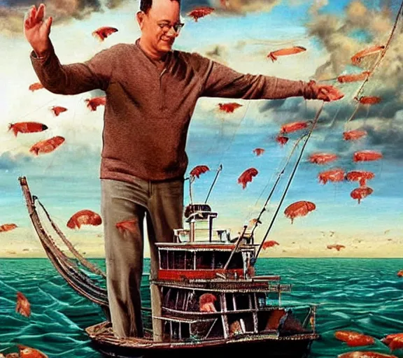Prompt: Tom hanks as forrest fishing for shrimp in a giant shrimp boat, majestic beautiful world, surrealism painting, amazing detail