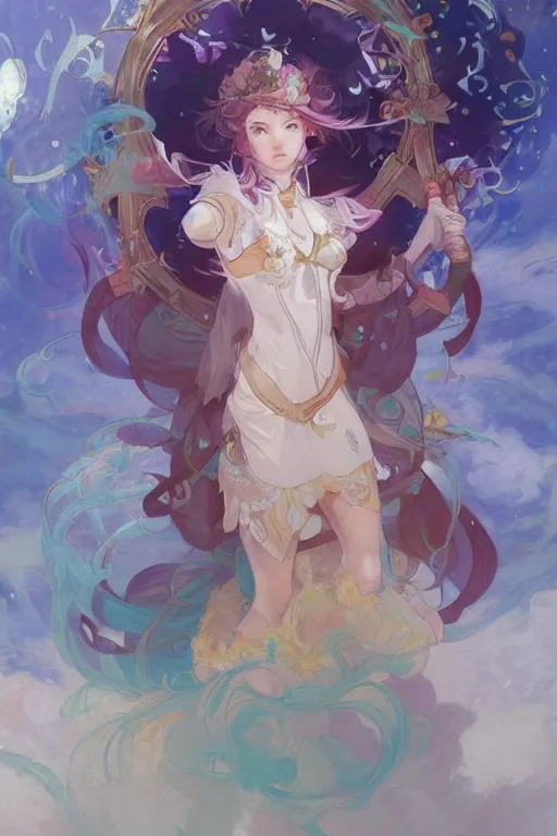 Prompt: merc storia, shimmering and prismatic, rococo, by krenz cushart and mucha and monet, trending on artstation.