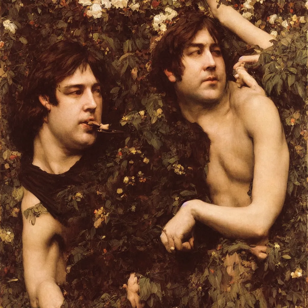 Image similar to portrait en buste of bill hicks SMOKING WEED in repose by John William Waterhouse, Frederic Leighton, true-to-life, flowing realistic fabric, abundant detail