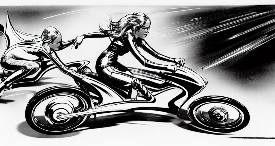 Prompt: Tuesday Weld riding TRON Lightcycle in TRON fanciful whimsical motorcycle in Concept Art by Ric Heitzman, Syd Mead