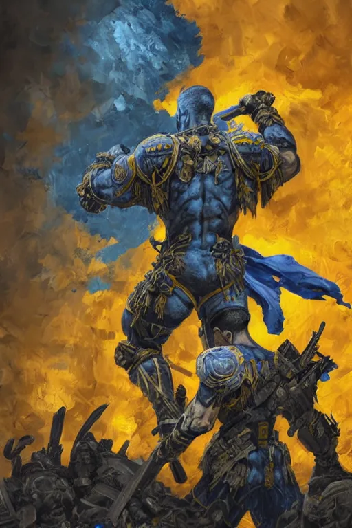 Prompt: a distant shot from behind of a Ukrainian super soldier with blue and yellow flag behind him standing alone on a huge pile of skulls as a winner, masculine muscular figure, D&D, fantasy, intricate, elegant, highly detailed, extremely detailed, digital painting, artstation, concept art, matte, sharp focus, symmetrical, hyperrealistic, illustration, art by Artgerm and Greg Rutkowski and Alphonse Mucha