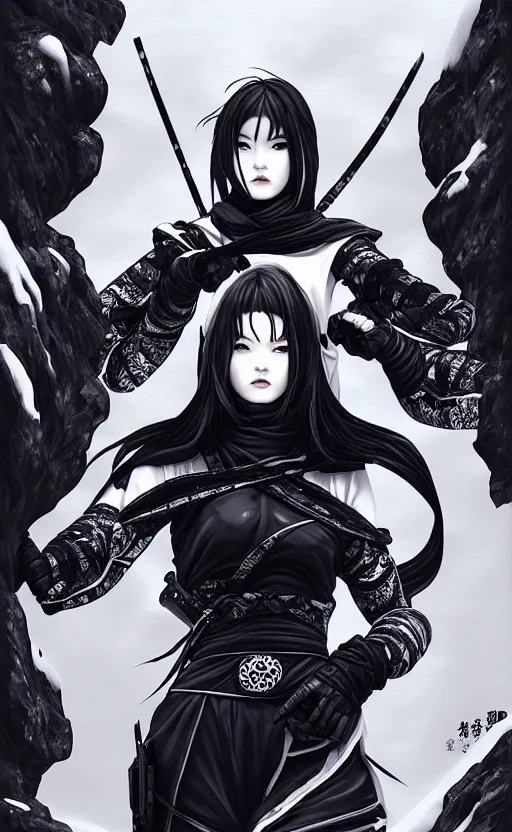 Image similar to portrait ninja gaiden girl, black plus white ninja wardrobe, at snowy fuji mountain sunrise, ssci - fi and fantasy, intricate and very very beautiful, detailed, digital painting, artstation, concept art, smooth and sharp focus, illustration, art by tian zi and wlop and alphonse mucha