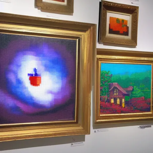 Image similar to An art gallery full of pixel paintings, pixelart