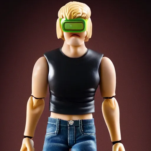 Image similar to action figure of a skinny blonde male wrestler wearing a vr headset and wearing a t - shirt and jeans, high detail, realistic,