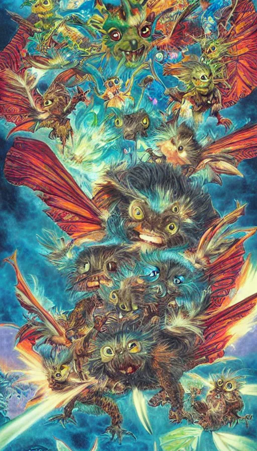 Prompt: gremlins vs mothra vs stephen hawkin art by Noriyoshi Ohrai and Lisa Frank