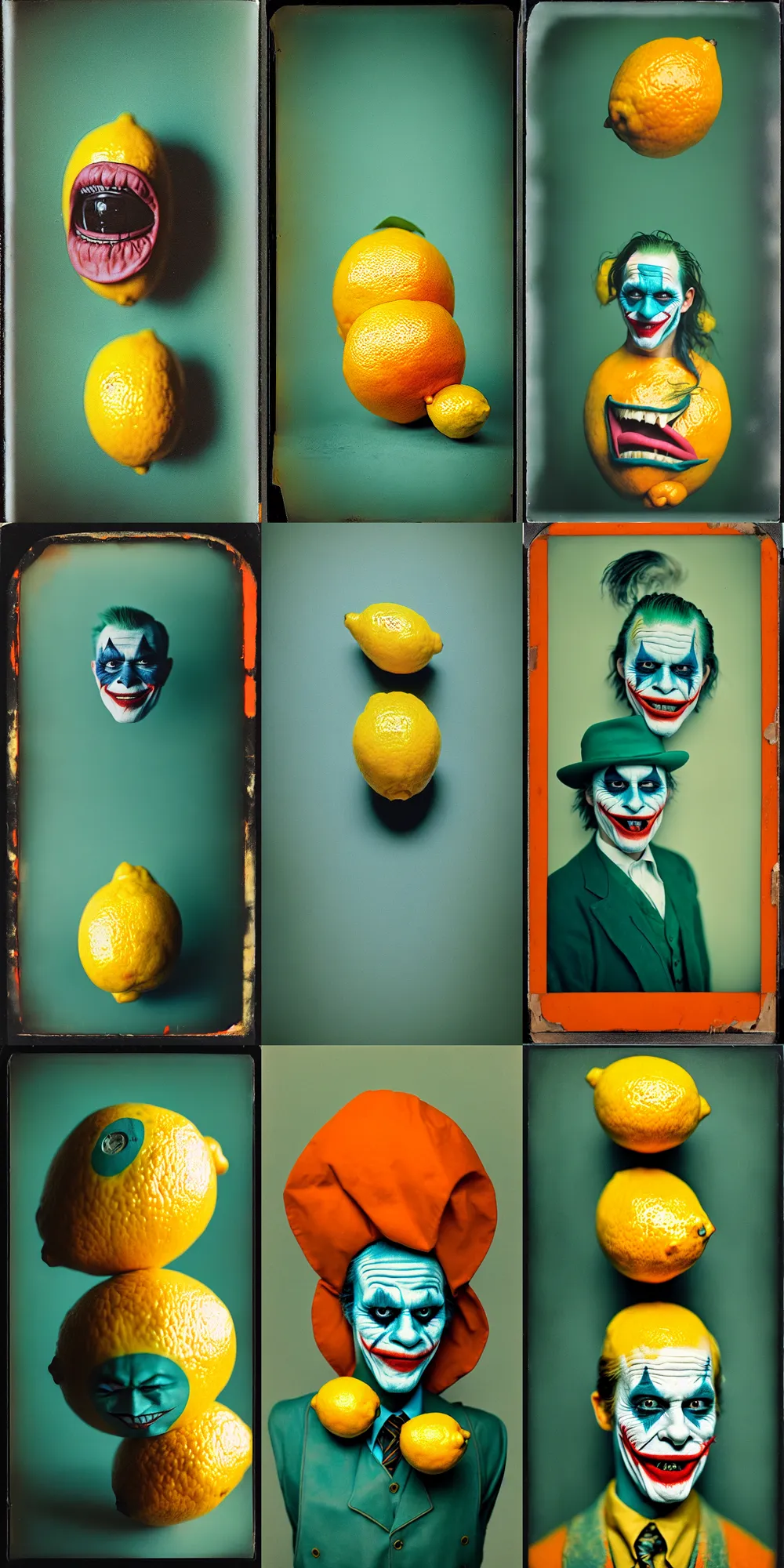 Image similar to kodak portra 4 0 0, wetplate, 8 k, shot of a highly detailed, britt marling style, colour still - life portrait of a lemon looks like 1 9 9 9 joker, teal and orange, muted coloures