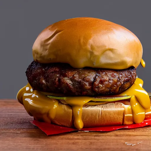 Image similar to 8 k photo of a whopper burger slathered in creamy honey mustard : spicy, low exposure