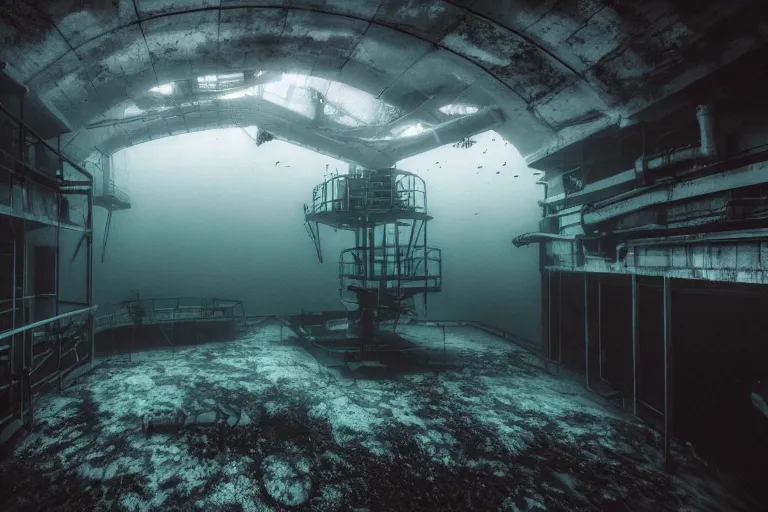 Image similar to underwater facility, sinister, dark, mysterious