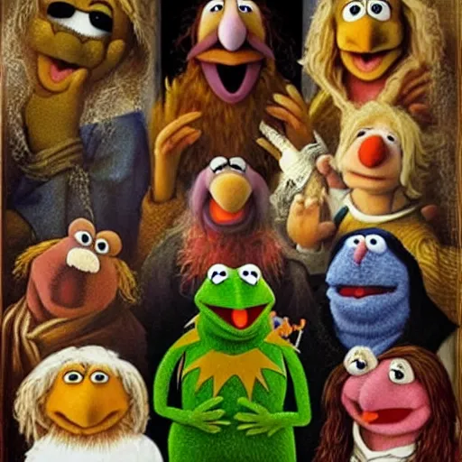 Image similar to realistic painting of muppets at church, in the style of hieronymus bosch and johannes vermeer