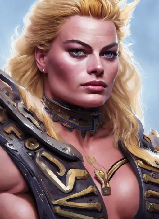 Image similar to detailed portrait of margot robbie as a thick female bodybuilder barbarian zarya from overwatch, attractive, beautiful, fantasy, intricate, elegant, highly detailed, digital painting, artstation, concept art, matte, sharp focus, illustration, art by aenaluck, artgerm and roberto ferri and greg rutkowski, epic fantasy, digital painting