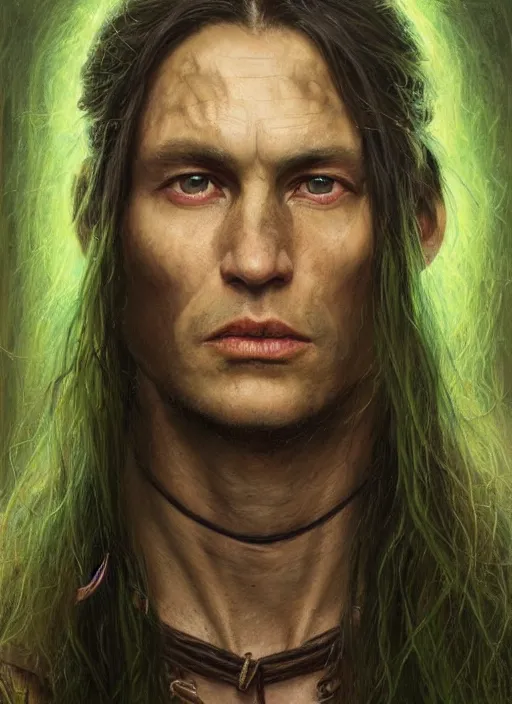 Image similar to a shaman in his twenties with long light brown hair tied back, light green eyes, a large forehead, a widows peak and a round face with high cheekbones and full lips as a realistic d & d fantasy character, portrait art by donato giancola and greg rutkowski, vintage retro, realistic face, digital art, trending on artstation