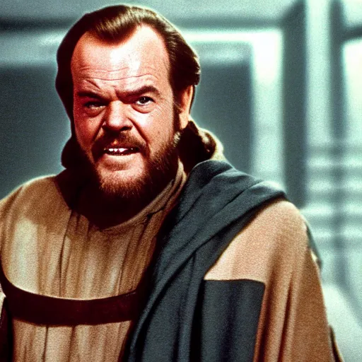 Image similar to jack nicholson as obi wan kenobi in star wars episode 3, 8k resolution, full HD, cinematic lighting, award winning, anatomically correct