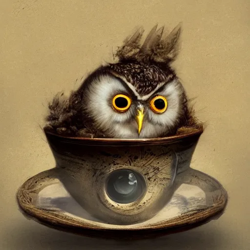 Prompt: long shot of a very cute young owl sleeping in a tea cup, by esao andrews, by james jean, marc simonetti, humorous illustration, hyperrealistic, big depth of field, fresh colors, dim light, 3 d octane render conceptart, 4 k, hyperdetailed, trending on artstation