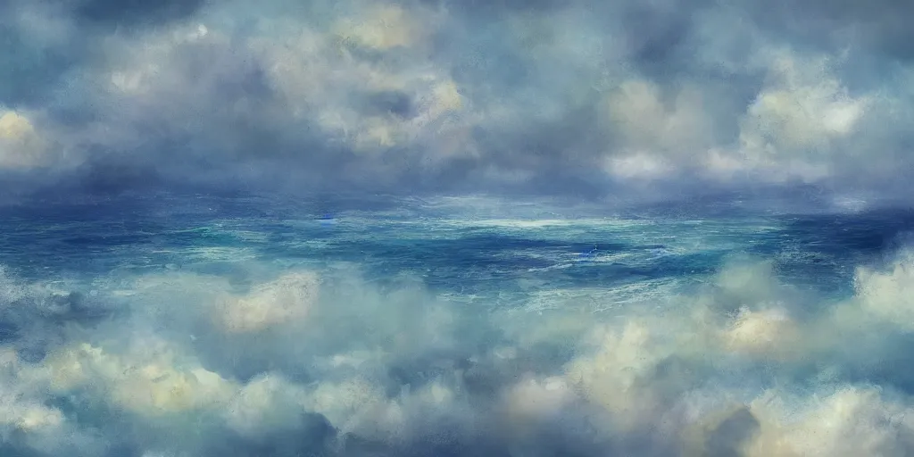 Image similar to painterly concept art landscape with oceans, clouds, and birds