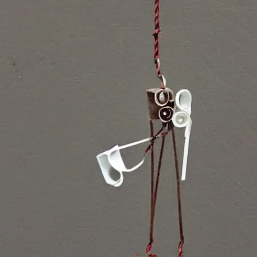 Image similar to This is a sketch of a wind chime made from the pieces of a broken mug. It shows the mug handle as the top piece with strings attached to it, and the bottom pieces of the mug hanging down like little bells, sketch, illustration