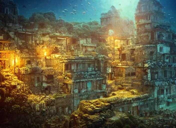 Image similar to ancient ruins favela, underwater environment, arches, urns, scenery, professional, award - winning, trending on artstation, hyper detailed, realistic, beautiful, emotional, shiny, golden, picture