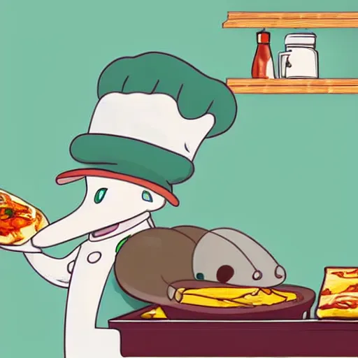 Image similar to cute platypus on a kitchen wearing a chef hat and holding a lasagna into an oven, anime style