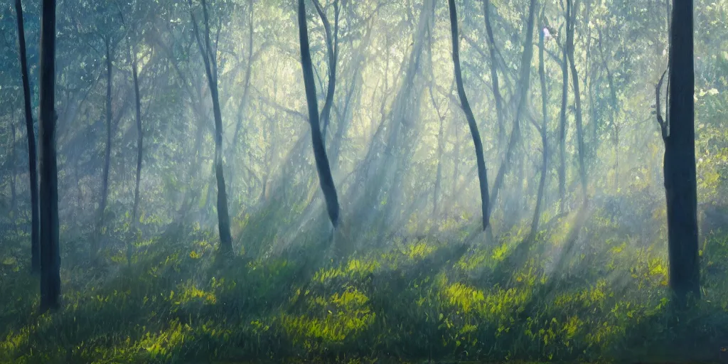 Prompt: An oil painting of an intensely beautiful forest in the morning; rays of light coming through the canopy
