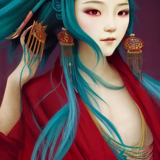 Prompt: a beautiful portrait of hatsune miku with teal colored hair with deep red highlight streaks in her hair dressed as a ancient chinese sorceress, intricate, elegant, highly detailed, digital painting, artstation, concept art, matte, sharp focus, illustration, art by greg rutkowski and alphonse mucha