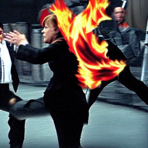 Prompt: Dramatic action shot of Angela Merkel on fire dodging kick from Neo in the matrix movie