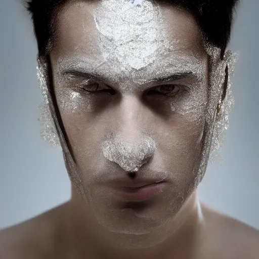 Image similar to a close up portrait of a beautiful athletic young persian male with his face covered in silver leaf , photographed by erwin olaf, artistic