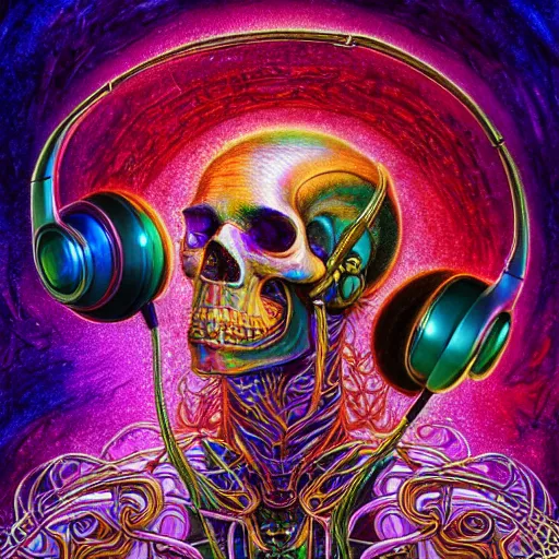 Image similar to portrait of a fantasycore glitchcore pristine skull wearing headphones. intricate abstract. intricate artwork. celestial. psychdelic. prismatic, by josephine wall, by gilbert williams, pixar, ghibli. octane render, CGSociety very coherent symmetrical artwork. cinematic, hyper realism, high detail, octane render, 8k, holographic accents