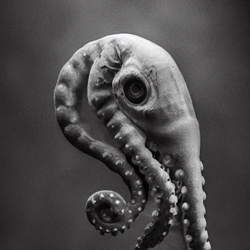 Image similar to dramatic full close - up portrait of a sad human cephalopod hybrid, detailed, dimly light room, tentacles, volumetric lighting,