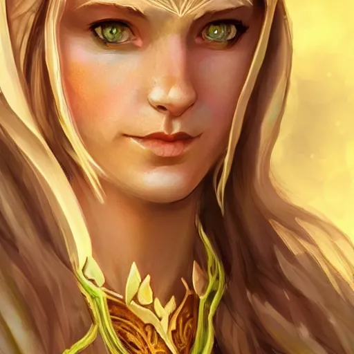 Prompt: beautiful character design of a female elven druid, slight smile, d&d, warm lighting, symmetrical face, sunny day, subtle vibrancy, Lord of the Rings, HD, detailed